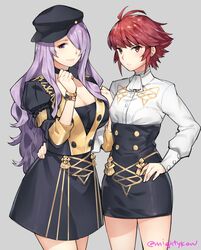  2girls arm_around_waist artist_name ascot breasts camilla_(fire_emblem) cleavage cosplay dorothea_arnault dorothea_arnault_(cosplay) fire_emblem fire_emblem:_three_houses fire_emblem_fates garreg_mach_monastery_uniform ge-b grey_background hair_over_one_eye hat highres hinoka_(fire_emblem) long_hair looking_at_viewer multiple_girls petra_macneary petra_macneary_(cosplay) purple_hair red_hair short_hair smile standing trait_connection twitter_username 