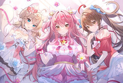  3girls ahoge animal_ears balala_the_fairies black_choker blue_bow blue_eyes blush bow brooch brown_eyes brown_hair choker dress flower hairbow highres holding_hands huajiu_usu jewelry ling_meixue looking_at_viewer miaogujun multiple_girls petals pink_dress pink_hair pink_ribbon red_shirt ribbon shinka_musume shinka_musume_channel shirt star_brooch virtual_dimension_project virtual_youtuber white_dress 