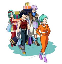  2boys 2girls ankle_boots aqua_hair arms_at_sides bad_id bad_twitter_id bag belt black_hair blue_eyes blue_neckerchief boots box bra_(dragon_ball) bracelet brother_and_sister brown_footwear brown_gloves bulma_briefs cargo_shorts carrying_over_shoulder closed_eyes closed_mouth collarbone dragon_ball dragon_ball_gt earrings elbow_gloves family father_and_daughter father_and_son fingerless_gloves frown full_body gloves grey_footwear grey_gloves hairband hands_on_own_hips holding holding_box jacket jewelry lado_(rado) leaning_to_the_side light_smile long_hair long_skirt looking_to_the_side mother_and_daughter mother_and_son multiple_boys multiple_girls neckerchief necklace orange_skirt pants pearl_necklace purple_footwear purple_hair red_footwear red_gloves red_hairband red_skirt shoes shopping_bag short_hair shorts siblings simple_background skirt socks spiked_hair standing tank_top thigh_boots thighhighs triangle_earrings trunks_(dragon_ball) turtleneck vegeta very_short_hair walking white_background wrinkled_skin zettai_ryouiki 