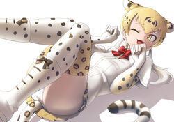  ;3 ;d animal_ear_fluff animal_ears animal_print bad_id bad_pixiv_id blonde_hair boots bow bowtie commentary elbow_gloves extra_ears female gloves gradient_hair kemono_friends leopard_(ex)_(kemono_friends) leopard_(kemono_friends) leopard_ears leopard_print leopard_tail long_hair low_twintails lying multicolored_hair okome_kogashi on_back one_eye_closed open_mouth panties pantyshot paw_pose pleated_skirt print_gloves print_skirt print_thighhighs red_bow red_bowtie shirt short_sleeves simple_background skirt smile solo tail thighhighs twintails underwear white_background white_fur white_hair white_panties white_shirt yellow_eyes 