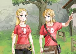  1boy belt blue_eyes braid commentary crown_braid female green_eyes koko_(meme) link long_hair manatsu_no_yo_no_inmu matching_outfits meme monbetsu_kuniharu nintendo_switch_shirt open_mouth outdoors parody pointing pointy_ears ponytail princess_zelda shirt t-shirt the_legend_of_zelda the_legend_of_zelda:_breath_of_the_wild 