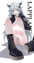  :d absurdres animal_ears arknights black_footwear black_gloves black_jacket black_nails boots character_name female fingerless_gloves full_body gloves grey_eyes grey_hair grin he_c92 highres jacket lappland_(arknights) long_hair looking_at_viewer nail_polish no_shoes panties scar scar_on_face shadow shoes simple_background single_shoe smile socks soles solo teeth toes underwear white_background white_panties white_socks wolf_ears wolf_girl 