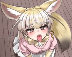  absurdres animal_ear_fluff animal_ears blonde_hair blush bow bowtie brown_eyes brown_hair buttons colored_eyelashes commentary_request darus5 elbow_gloves extra_ears female fennec_(kemono_friends) fox_ears fox_girl fox_tail from_above gloves half-closed_eyes highres kemono_friends long_hair looking_up multicolored_hair oerba_yun_fang open_mouth oral_invitation paid_reward_available pink_sweater pleated_skirt shirt short-sleeved_sweater short_sleeves sitting skirt solo sweater tail tongue tongue_out undershirt uvula white_hair white_skirt wooden_floor 