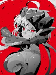  ahoge blood breasts commentary_request damaged female gloves hal-bard headgear highres large_breasts limited_palette nosebleed red_background red_eyes red_theme senki_zesshou_symphogear solo torn_clothes wiping_face yukine_chris 