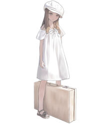  absurdres cabbie_hat dress expressionless female full_body grey_eyes hat highres light_brown_hair long_hair mocha_(snowflake) off_shoulder original sandals single_bare_shoulder solo standing suitcase white_dress white_hat 