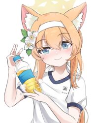  animal_ears blue_archive blue_eyes bottle cat_ears cat_girl commentary female flower gym_shirt hair_between_eyes hair_flower hair_ornament hairband halo highres holding holding_bottle long_hair looking_at_viewer low_ponytail mari_(blue_archive) mari_(track)_(blue_archive) merlt official_alternate_costume orange_hair pee_in_container piss_bottle shirt short_sleeves sidelocks simple_background smile solo urine visible_air water_bottle white_background white_hairband yellow_halo yellow_liquid 