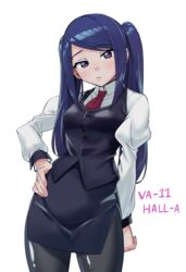  collared_shirt copyright_name female frown hair_over_shoulder hand_on_own_hip head_tilt highres jill_stingray juliet_sleeves long_hair long_sleeves looking_at_viewer makino_harumaki necktie pantyhose parted_bangs pencil_skirt puffy_sleeves purple_eyes purple_hair shirt side_slit skirt solo twintails va-11_hall-a vest 