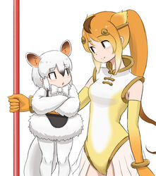  2girls animal_ears bad_id bad_pixiv_id black_hair bo_staff bow bowtie brown_hair circlet commentary_request crossed_arms elbow_gloves extra_ears gloves golden_snub-nosed_monkey_(kemono_friends) gradient_hair hair_between_eyes height_difference highleg highleg_leotard highres kemono_friends leotard long_hair long_sleeves looking_at_another multicolored_hair multiple_girls okome_kogashi open_mouth orange_hair pantyhose ponytail short_hair simple_background smile southern_tamandua_(kemono_friends) staff tamandua_ears tamandua_tail white_background white_bow white_bowtie white_hair white_legwear yellow_eyes 