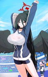  2girls absurdres arms_up black_hair black_wings blue_archive blue_sky blurry bonefire0909 bottle breasts choker cloud cloudy_sky commentary_request depth_of_field feathered_wings gym_shorts gym_uniform hair_between_eyes halo hasumi_(blue_archive) hasumi_(track)_(blue_archive) head_wings highres holding holding_bottle jacket koharu_(blue_archive) long_hair long_sleeves looking_at_viewer multiple_girls official_alternate_costume parted_lips pink_hair plastic_bottle ponytail red_eyes see-through see-through_shirt shirt short_shorts shorts sidelocks sky solo_focus stadium stretching sweat track_jacket twintails wings 