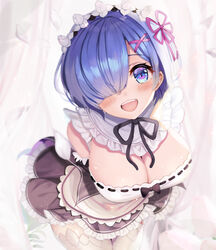  apron arms_behind_back bent_over black_dress black_ribbon blue_eyes blue_hair blush breasts cleavage curtains detached_collar detached_sleeves dress female frilled_dress frills hair_ornament hair_over_one_eye hairband hairclip large_breasts lolita_hairband looking_at_viewer maid neck_ribbon petals re:zero_kara_hajimeru_isekai_seikatsu rem_(re:zero) ribbon roswaal_mansion_maid_uniform short_hair solaris_(sinhyg) solo thighhighs waist_apron white_apron white_thighhighs x_hair_ornament 