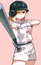  adjusting_sleeves baseball_bat baseball_helmet baseball_uniform belt black_belt blonde_hair closed_mouth clothes_writing cowboy_shot female gloves hair_ornament hairclip hand_up helmet highres holding holding_baseball_bat looking_at_viewer medium_hair nakamura_nozomi_(tamayomi) pink_background ryusei_hashida shirt short_sleeves shorts signature simple_background solo sportswear standing tamayomi white_gloves white_shirt white_shorts 