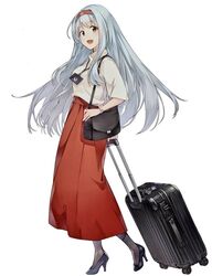  bag black_footwear breasts commentary_request elbow_sleeve female full_body hairband headband high_heels japan_airlines jewelry kantai_collection konishi_(koconatu) long_hair long_skirt necklace official_art pantyhose passport red_skirt rolling_suitcase scan shoes shoukaku_(kancolle) shoulder_bag skirt suitcase tachi-e watch white_hair wristwatch 