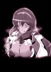  black_background blood blood_from_mouth breasts commentary_request damaged dark-skinned_female dark_skin female hairband highres large_breasts long_hair mechanical_parts monochrome senki_zesshou_symphogear solo suga_leon torn_clothes vanessa_(symphogear) zipper zipper_pull_tab 