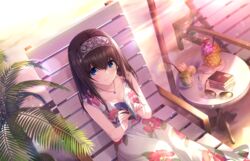  annin_doufu blue_eyes book brown_hair drink idolmaster idolmaster_cinderella_girls idolmaster_cinderella_girls_starlight_stage sagisawa_fumika sunglasses 