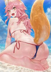  :d animal_ear_fluff animal_ears aos ass back barefoot bikini blue_bikini blue_sky breast_press breasts breasts_squeezed_together butt_crack commentary_request day fate/grand_order fate_(series) feet female fox_ears fox_girl fox_tail highres large_breasts leaning_forward long_hair looking_at_viewer looking_back lowleg lowleg_bikini ocean oerba_yun_fang open_mouth outdoors pink_hair seiza shoulder_blades side-tie_bikini_bottom sitting sky smile soles solo string_bikini swimsuit tail tamamo_(fate) tamamo_no_mae_(swimsuit_lancer)_(fate) thong_bikini toes yellow_eyes 