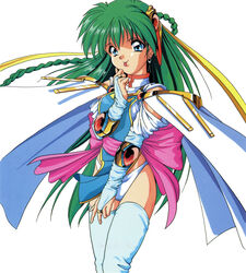  1990s_(style) absurdres back_bow blue_eyes blue_thighhighs bow braid bridal_gauntlets can_can_bunny feet_out_of_frame green_hair hair_ornament highres long_hair non-web_source official_art panties retro_artstyle scan simple_background swatty_(can_can_bunny) thighhighs tongue tongue_out underwear white_background white_panties 