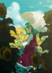  closed_eyes cloud commentary_request day feet_out_of_frame female field flower flower_field garden_of_the_sun green_hair highres holding holding_umbrella kazami_yuuka kinosaki long_sleeves medium_hair open_mouth outdoors red_skirt red_vest shirt skirt smile solo sunflower sunflower_field touhou umbrella vest white_shirt white_umbrella 