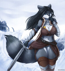  2019 absurd_res anthro armor black_hair black_nose blue_eyes breasts clothed clothing detailed_background digital_media_(artwork) female fur hair hi_res holding_object holding_weapon ice jewelry legwear mammal melee_weapon procyonid raccoon redwix sila_dione snow solo standing sword tundra weapon 