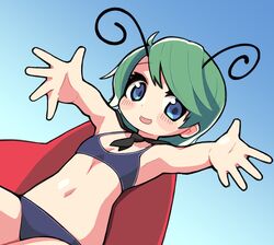  antennae bikini black_bikini black_cape blue_background blue_eyes blush breasts cape cleavage commentary cowboy_shot dutch_angle female flat_chest gradient_background green_hair highres looking_at_viewer navel open_mouth reaching reaching_towards_viewer red_cape short_hair smile solo stomach swept_bangs swimsuit touhou two-sided_cape two-sided_fabric ugif wriggle_nightbug 