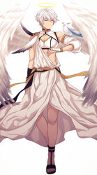  1boy abs absurdres angel angel_wings asymmetrical_gloves bare_shoulders bird black_gloves fingerless_gloves full_body gloves hair_between_eyes halo highres honkai_(series) honkai_impact_3rd kaixuan_lushang kevin_kaslana looking_at_animal male_focus mismatched_gloves muscular muscular_male sandals short_hair simple_background solo toes toga white_background white_bird white_gloves wings 