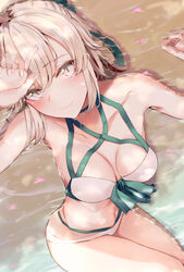  bare_legs bare_shoulders beach bikini blush bow breasts cleavage closed_mouth collarbone eyes_visible_through_hair fate/grand_order fate_(series) female fingernails from_above front-tie_bikini_top front-tie_top hair_ribbon hairbow hand_up highleg highleg_bikini highres ka1se1 layered_bikini legs_together looking_at_viewer lying multi-strapped_bikini okita_j._souji_(fate) okita_j._souji_(third_ascension)_(fate) okita_souji_(fate) okita_souji_(koha-ace) outdoors petals ribbon sand short_hair smile solo swimsuit water white_bikini yellow_eyes 