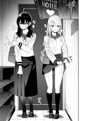  2girls bag blush byte_(allbyte) door full_body greyscale heart highres hotel hotel_room indoors long_hair monochrome multiple_girls neckerchief original pleated_skirt rain sailor_collar school_uniform serafuku shelf shoes skirt socks standing wet wet_clothes wringing_clothes wringing_skirt 