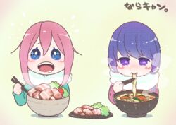  2girls blue_eyes blue_hair blush_stickers bowl chibi chopsticks commentary_request eating food food_request fur_trim gradient gradient_background hair_between_eyes holding holding_chopsticks kagamihara_nadeshiko kuzumochiko meat multiple_girls noodles open_mouth pink_hair purple_eyes round_teeth saliva scarf shima_rin steam sweater teeth translated upper_teeth yurucamp 