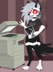  absurd_res blush canid canid_demon canine caught clothing demon female fluffy fluffy_ears glowing glowing_eyes hellhound helluva_boss hi_res loona_(helluva_boss) mammal mythological_canine mythological_creature mythology paws photocopier shirt solo t-shirt topwear underpaw vinyvitz voonko 