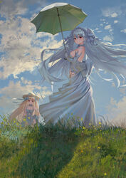  2girls absurdres ass_visible_through_thighs bad_id bad_pixiv_id bare_shoulders blonde_hair blue_dress blue_gloves blue_hair blue_leotard blue_ribbon blue_sky blush borrowed_character breasts claude_monet_(style) cleavage closed_mouth cloud day dress elbow_gloves fine_art_parody floating_hair flower gloves grass hair_flower hair_ornament hair_ribbon hairband hand_on_own_hip hat highres holding holding_umbrella large_breasts leotard lolita_hairband long_hair multiple_girls navel neck_garter niliu_chahui original outdoors parody photoshop_(medium) pink_flower plant rabbit_hair_ornament red_eyes ribbon see-through siblings sidelocks sisters sky sleeveless sleeveless_dress small_breasts smile standing sun_hat three_quarter_view tokisaki_asaba_(niliu_chahui) tokisaki_mio_(niliu_chahui) two_side_up umbrella very_long_hair white_hair white_headwear wind woman_with_a_parasol 