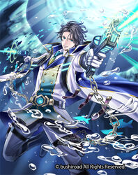  1boy air_bubble black_hair blue_eyes boots bubble cape cardfight!!_vanguard chains commentary_request fish gun haru_(toyst) male_focus marine_general_of_twin_bullets_cretas military military_uniform official_art photoshop_(medium) solo teeth underwater uniform weapon 