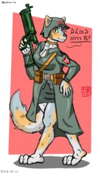  2019 4:7 alvidz anthro blush breasts canid canine clothed clothing digital_media_(artwork) female fox fully_clothed fur gun hair headgear hi_res holding_object holding_weapon island looking_at_viewer mammal military ranged_weapon simple_background smile soldier solo standing text uniform warrior weapon zafronika 