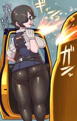  absurdres ass belt black-framed_eyewear breasts brown_eyes cigarette commentary_request female glasses hair_over_one_eye highres large_breasts looking_at_viewer looking_back minami_aomori original pants pantylines solo thick_thighs thighs tight_clothes tight_pants translated 