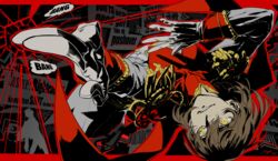  1boy akechi_gorou brown_hair dark_persona denimecho english_text epaulettes evil_smile finger_gun gloves letterboxed male_focus outline parted_lips persona persona_5 pointing red_outline smile solo speech_bubble white_gloves yellow_eyes 