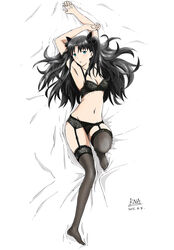  2015 arm_strap armpits arms_up bed_sheet black_bow black_bra black_hair black_panties black_thighhighs blue_eyes bow bra breasts cleavage dakimakura_(medium) dated fate/stay_night fate_(series) female from_above full_body garter_belt groin hair_between_eyes hair_intakes hairbow highres lingerie long_hair lying medium_breasts navel on_back panties parted_lips photoshop_(medium) rna_(angel-smelter) sideboob solo thighhighs tohsaka_rin twintails underwear underwear_only very_long_hair 