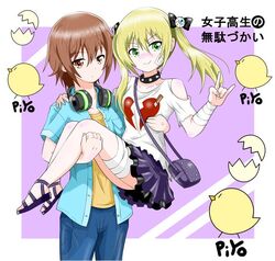  2girls bandages bandaid bandaid_on_face bird blonde_hair blush breasts brown_eyes brown_hair carrying chick closed_mouth collar collarbone commentary_request earphones eggman_(pixiv28975023) green_eyes hair_ornament hair_ribbon jacket joshi_kousei_no_mudazukai looking_at_viewer multiple_girls ninomae_kanade open_clothes open_jacket princess_carry ribbon short_hair simple_background skirt small_breasts smile spiked_collar spikes twintails two-tone_background yamamoto_minami 