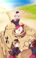  3girls absurdres ass assisted_exposure blue_eyes blush breasts brown_hair closed_eyes clothes_lift commentary_request cross flying_sweatdrops girls_und_panzer grin hat highres inisipis iron_cross itsumi_erika kojima_emi kuromorimine_military_uniform large_breasts looking_back military military_uniform military_vehicle motor_vehicle multiple_girls open_mouth outdoors panties pink_panties red_skirt short_hair skirt skirt_lift sky smile surprised taking_picture tank teeth thumbs_up tiger_ii tongue underwear uniform white_hair 