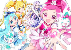  4girls absurdres blonde_hair blue_choker blue_dress blue_hair bow brooch choker chypre_(heartcatch_precure!) closed_eyes coffret_(heartcatch_precure!) cologne_(heartcatch_precure!) cure_blossom cure_marine cure_moonlight cure_sunshine dress elbow_gloves gloves hanasaki_tsubomi heart heart_brooch heartcatch_precure! high_ponytail highres jewelry kurumi_erika long_dress long_hair magical_girl maruiusausagi multiple_girls myoudouin_itsuki open_mouth orange_bow orange_choker orange_skirt pink_choker pink_dress pink_hair potpourri_(heartcatch_precure!) precure puffy_short_sleeves puffy_sleeves purple_hair short_sleeves simple_background single_elbow_glove skirt smile tsukikage_yuri waist_bow wavy_hair white_background white_dress yellow_bow 