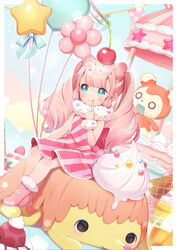  :q balloon blue_eyes blue_hair blush boots cherry closed_mouth commentary_request creature_and_personification diagonal_stripes dress dutch_angle female food fruit fur-trimmed_boots fur_trim highres holding holding_balloon ice_cream_cone livly livly_island long_hair momoshiki_tsubaki momoth_(livly_island) multicolored_hair pink_footwear pink_hair pygmy_(livly_island) sitting sleeveless sleeveless_dress smile solo star_balloon strawberry streaked_hair striped_clothes striped_dress tongue tongue_out twintails very_long_hair 