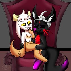  1:1 anthro bovid caprine chair duo furniture goat hi_res horn lagomorph leporid made_in_abyss male male/male mammal narehate on_lap rabbit sitting_on_lap smug theartyoshi throne tote_brando unbodied whiskers 