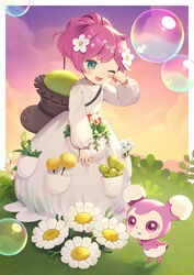  ;d bubble commentary_request creature creature_and_personification dress female flower green_eyes hair_flower hair_ornament hand_up highres livly livly_island long_sleeves looking_at_viewer momoshiki_tsubaki neo_pygmy_(livly_island) one_eye_closed open_mouth pink_hair ponytail puffy_long_sleeves puffy_sleeves purple_eyes red_flower red_rose rose sleeves_past_wrists smile solo standing white_dress white_flower 