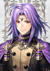  1boy alternate_costume cape circlet closed_mouth commentary_request fire_emblem fire_emblem:_the_sacred_stones fire_emblem:_three_houses garreg_mach_monastery_uniform haru_(toyst) long_hair looking_at_viewer lyon_(fire_emblem) male_focus parted_bangs photoshop_(medium) purple_cape purple_hair school_uniform signature smile solo upper_body 