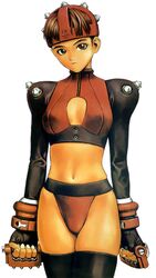  1990s_(style) black_thighhighs brown_eyes brown_hair cowboy_shot expressionless female fingerless_gloves gloves gouketsuji_ichizoku hananokouji_kurara helmet holding holding_weapon juliet_sleeves long_sleeves looking_at_viewer murata_range navel non-web_source official_art puffy_sleeves retro_artstyle short_hair simple_background solo spiked_knuckles super_kurara thighhighs weapon white_background 