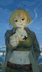  abs belt bird blonde_hair bridge brown_hair cigarette crescent_moon crop_top cross cross_bracelet female green_sports_bra grin highres holding holding_cigarette incoming_cigarette jacket kerch_bridge looking_at_viewer marichka midriff moon navel night open_clothes open_jacket original short_hair smile smoke smoke_trail smoking solo sports_bra toned tryzub ukrainian_flag usergore 