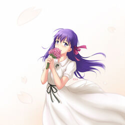  black_ribbon bouquet collared_dress dress fate/stay_night fate_(series) female floating_hair flower hair_between_eyes hair_ribbon holding holding_bouquet long_hair matou_sakura no_pupils official_alternate_costume pink_flower pink_ribbon purple_eyes purple_hair ribbon rna_(angel-smelter) short_sleeves simple_background solo standing sundress very_long_hair white_background white_dress wing_collar 