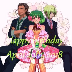  2boys ai-kun bouquet brera_sterne brother_and_sister brown_hair cero_(cerocero) crossed_arms dated dress earrings facial_hair female flower formal green_hair hair_ornament happy_birthday holding holding_bouquet jewelry macross macross_frontier multiple_boys official_alternate_costume ozma_lee ponytail protected_link ranka_lee red_eyes short_hair siblings sitting smile suit uta_macross_sumaho_deculture 