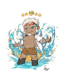  1boy abs aegir_(tokyo_houkago_summoners) aqua_hair bare_pecs beard black-framed_eyewear blue_eyes brown_shorts bulge chibi dark_skin dark_skinned_male eyewear_on_head facial_hair fins full_body gomtang male_focus mature_male multicolored_hair muscular muscular_male navel navel_hair nipples open_clothes open_shirt pectorals shirt short_hair shorts solo splashing stomach streaked_hair tokyo_houkago_summoners white_hair white_shirt 