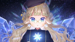  :&lt; beret black_hat black_shirt blue_eyes brown-framed_eyewear brown_hair character_request commentary_request crystal double_bun female hair_bun hat highres livly_island long_hair looking_at_viewer momoshiki_tsubaki night night_sky outdoors parted_lips pince-nez shirt sky solo star_(sky) starry_sky tilted_headwear transparent triangle_mouth 