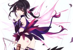  absurdres alternate_costume ass ass_tattoo between_thighs black_hair blurry brown_eyes card_holster contrapposto cosplay cowboy_shot depth_of_field detached_sleeves detached_wings fate/grand_order fate/kaleid_liner_prisma_illya fate_(series) female finger_to_mouth from_side hair_ornament hairclip highres holster leotard long_hair looking_back miyu_edelfelt nail_polish nanananana non-web_source petals pinky_out scan sidelocks smile solo tattoo testament_(fate) testament_(fate)_(cosplay) thigh_holster thigh_strap thighs twintails wings x_hair_ornament 