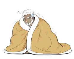  1boy aegir_(tokyo_houkago_summoners) aqua_hair beard blanket cold dark_skin dark_skinned_male facial_hair gomtang male_focus mature_male motion_lines multicolored_hair short_hair sleeping solo streaked_hair tokyo_houkago_summoners white_hair 