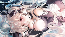  azur_lane bare_shoulders between_breasts black_dress black_nails blonde_hair blush breasts cleavage commentary_request dress earrings female formidable_(azur_lane) frilled_dress frills hair_ornament hair_ribbon head_tilt highres jewelry large_breasts long_hair long_sleeves looking_at_viewer lying on_stomach paint_musume partial_commentary photoshop_(medium) red_eyes ribbon solo twintails 